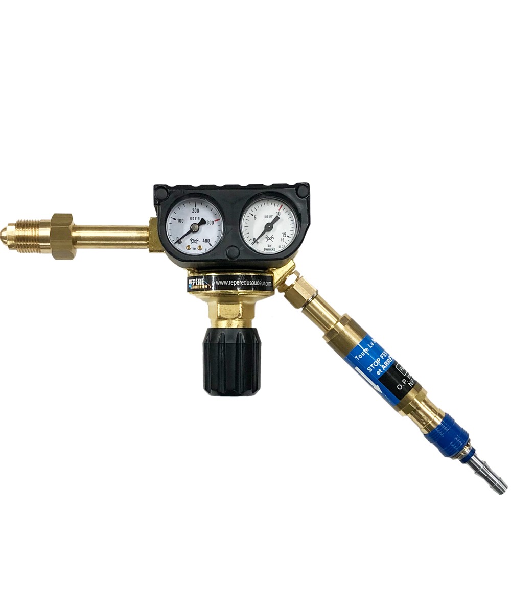 Raccord rapide avec anti retour de flamme grand débit Oxygène / Acétylène / Propane pour manodétendeur sortie écrou 16x150