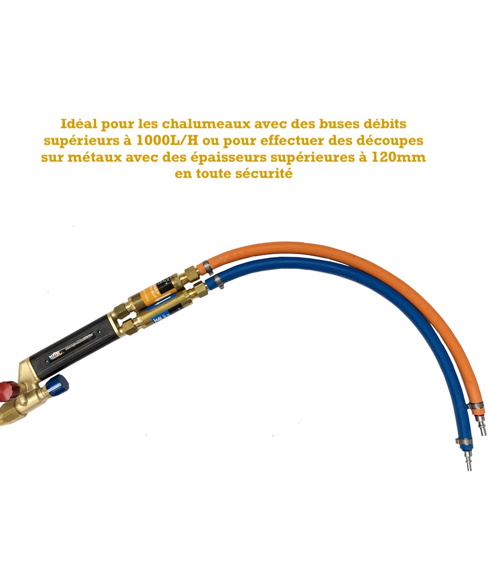 Paire de manchettes tuyaux soudage ø10x17 Oxygène / Gaz pour chalumeaux avec clapets anti retour de flamme grand débit